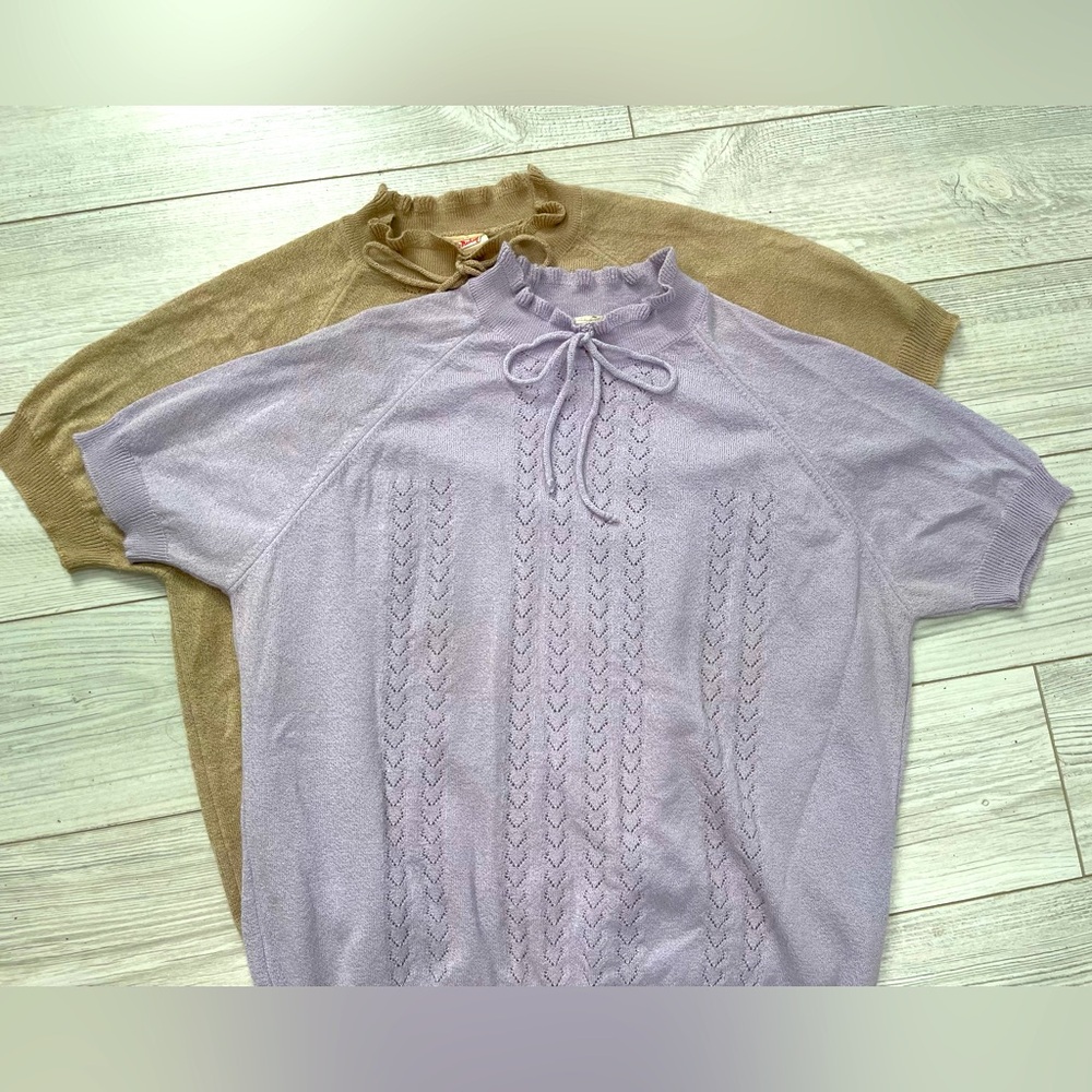 Lot of 2 St.Michael Vtg 90s Knit S/S Sweaters Ruffle Neck Bow Lilac Beige Sz. 18